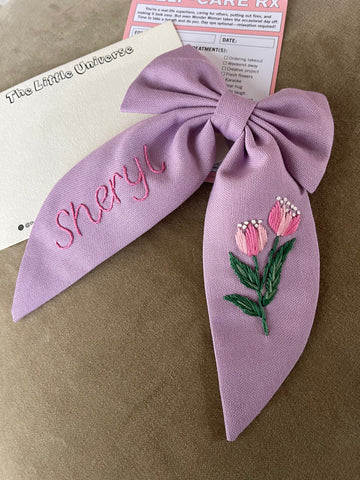 Personalized hair bow barrette with name and tulip embroidery
