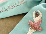 Personalised hair bow barrette with name and ballerina embroidery.